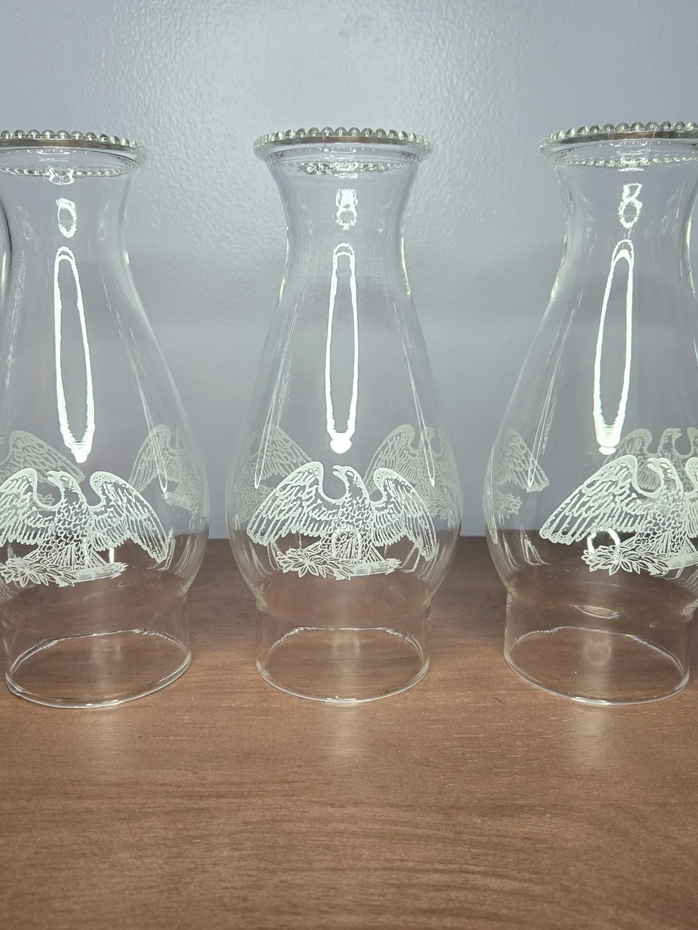 Clear Glass Hurricane Vase with White Etched Eagle Motif Set Of 3